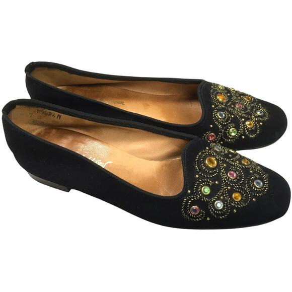 Saks Fifth Avenue Flats Gem Embellished Black Velvet Round Toe Slip On Loafer 7 - Picture 13 of 13